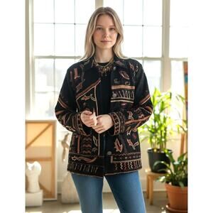 Chico’s Chicos Embroidered Jacket Silver Button Front Rayon Cotton Size 1 M/L